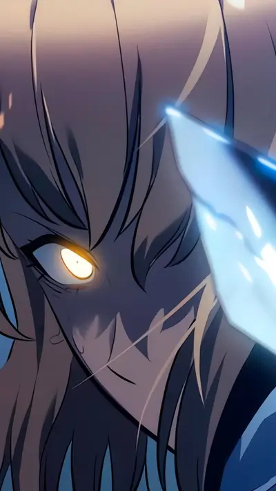 Intense, close-up view of a character with a glowing eye holding a sharp blade