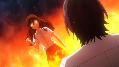 Intense confrontation with a girl standing in front of blazing flames