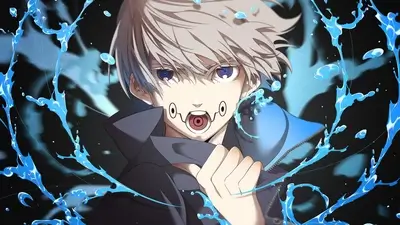 Intense expression, water splash, unique facial markings, light hair