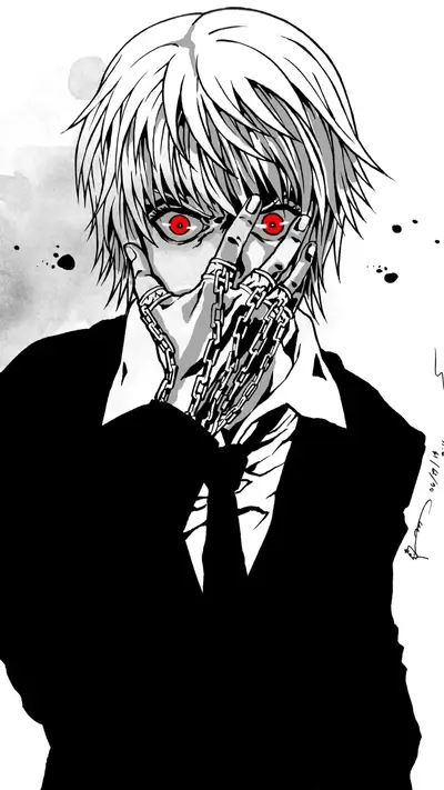 Intense gaze, chains bind fingers, dark suit