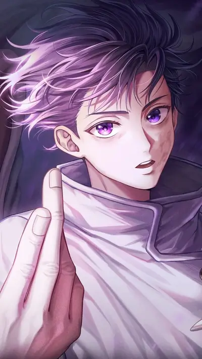Intense gaze from animated character with purple hair and eyes