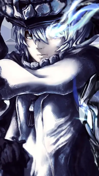 Intense gaze from character wielding blue flame