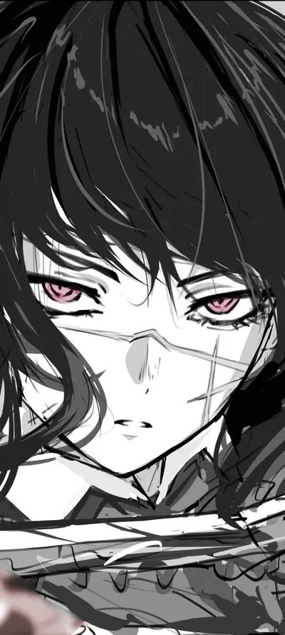Intense gaze, obscured face, striking pink eyes, messy dark hair