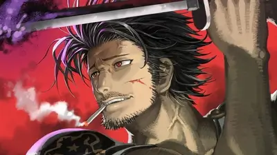 Intense gaze, sword raised, cigarette in mouth, scar present
