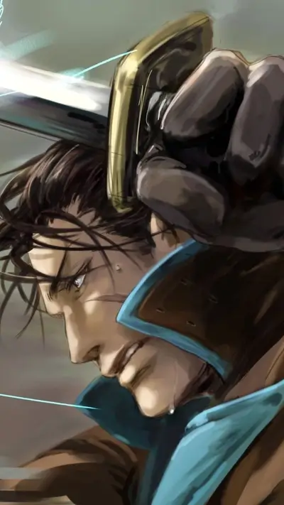Intense samurai warrior gripping sword handle tightly, face showing strain