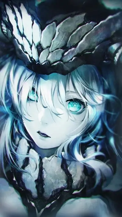 Intense stare from pale figure wearing a strange crown-like headpiece