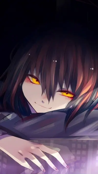 Intense yellow eyes on a girl with an unsettling grin
