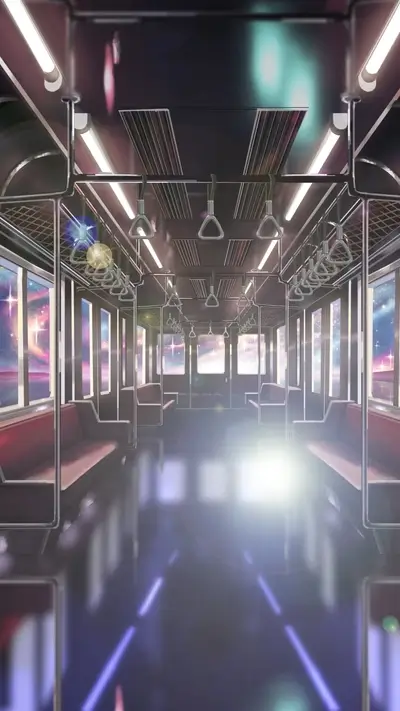 Interior view of train car with cosmic windows, seats are maroon.