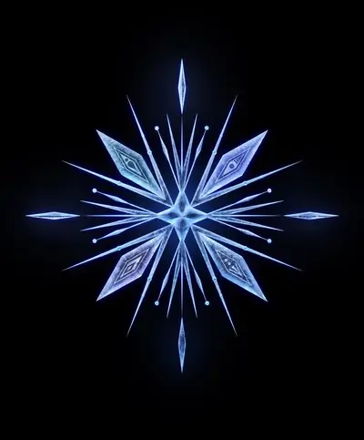 Intricate icy snowflake design, glowing softly against darkness