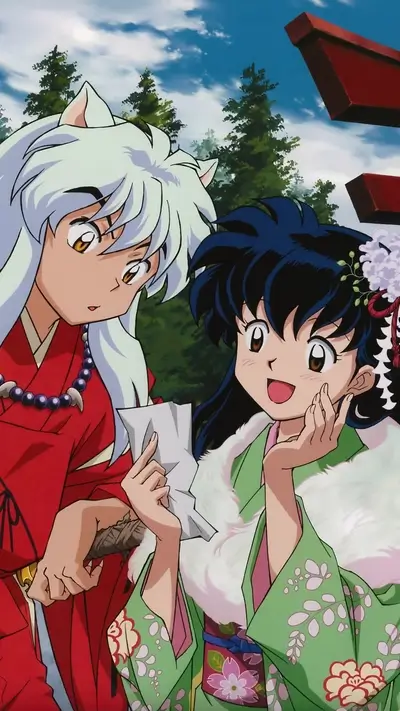 Inuyasha and Kagome in traditional Japanese clothing