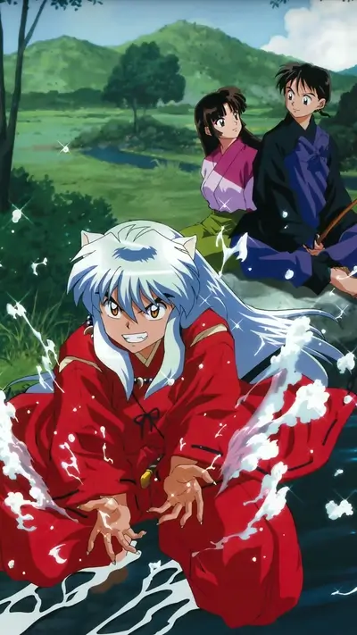 Inuyasha at river with Kagome and Miroku on hillside