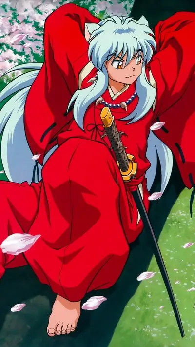 InuYasha relaxing amidst cherry blossoms