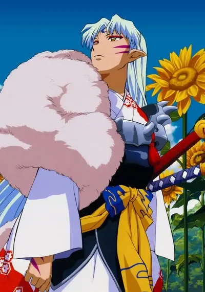 Inuyasha standing in a sunflower field