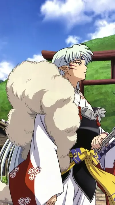 Inuyasha stands amidst a tranquil landscape