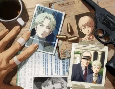 Investigative scene displayed: photographs, bullets, newspaper clippings, gun, bandaged hand and a cup of coffee