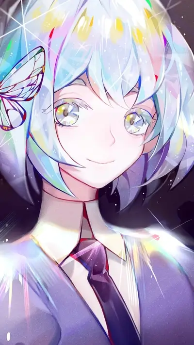 Iridescent anime character sparkling with butterfly hair clip
