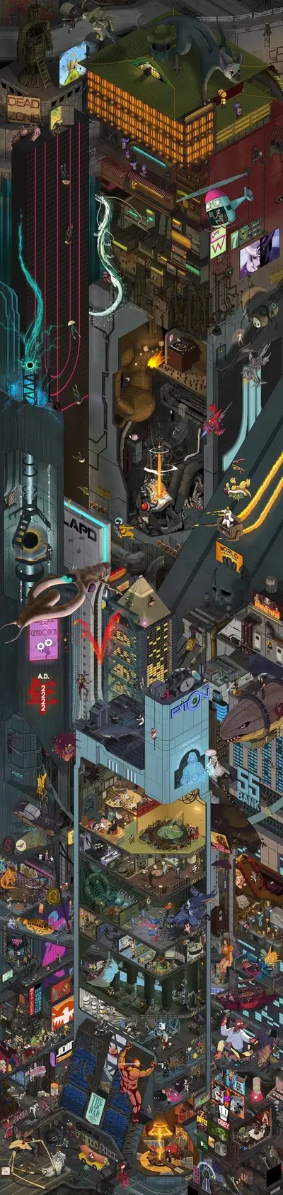 Isometric Cyberpunk Cityscape with Numerous Characters and Details