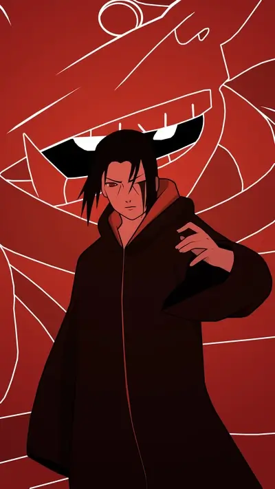 Itachi standing before Susanoo, face marked, dark cloak