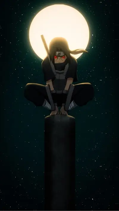 Itachi Uchiha on a pole, overlooking starry night and a radiant full moon