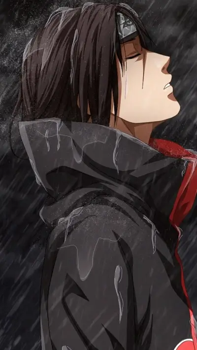 Itachi Uchiha standing in the heavy rain wearing Akatsuki cloak