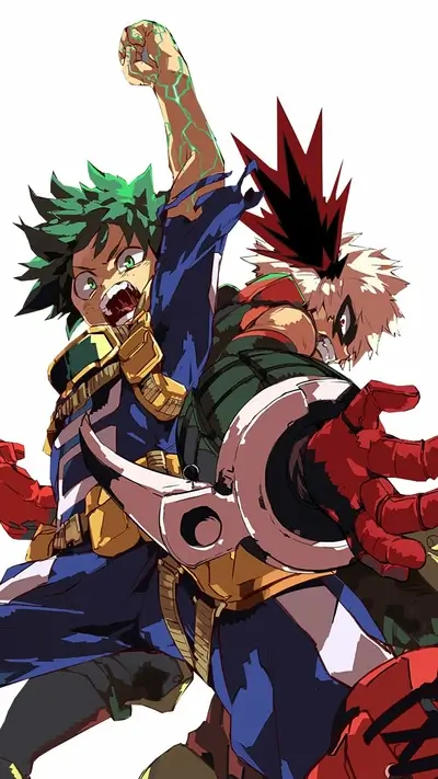 Izuku Midoriya and Katsuki Bakugo in dynamic battle pose
