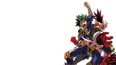 Izuku Midoriya and Katsuki Bakugo in dynamic battle stances