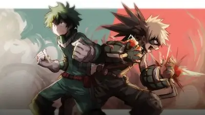 Izuku Midoriya and Katsuki Bakugo standing ready in combat stance
