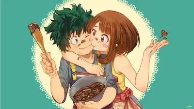 Izuku Midoriya and Ochaco Uraraka baking together