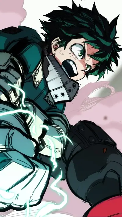 Izuku Midoriya in action, showcasing his power