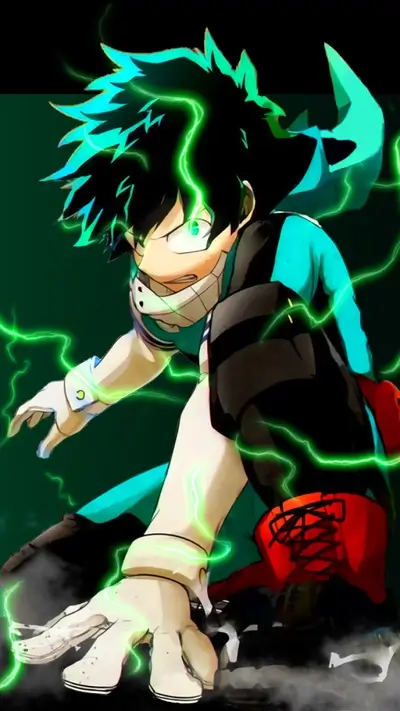 Izuku Midoriya with glowing green electricity and determined expression