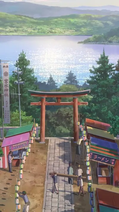 Japanese festival preparation with colorful stalls, traditional architecture, and scenic lake backdrop