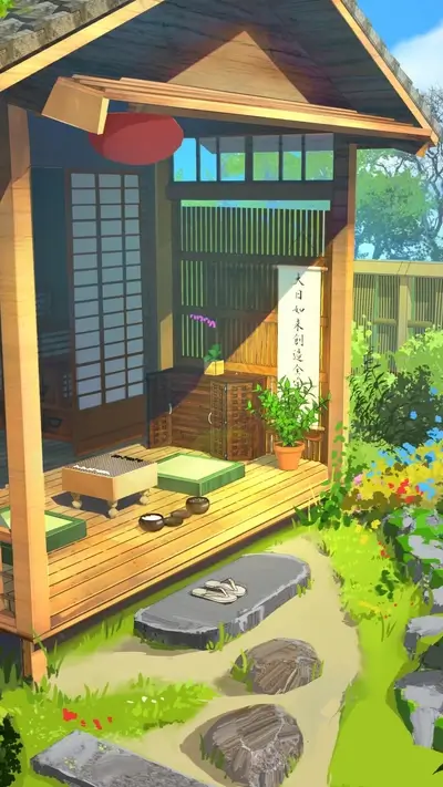 Japanese garden with Go board and tranquil setting