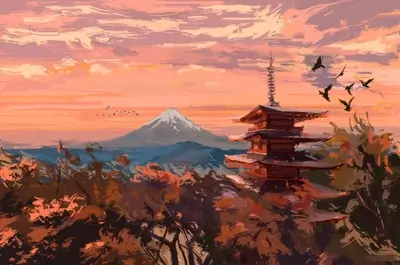 Japanese pagoda at sunset with Mount Fuji in the background