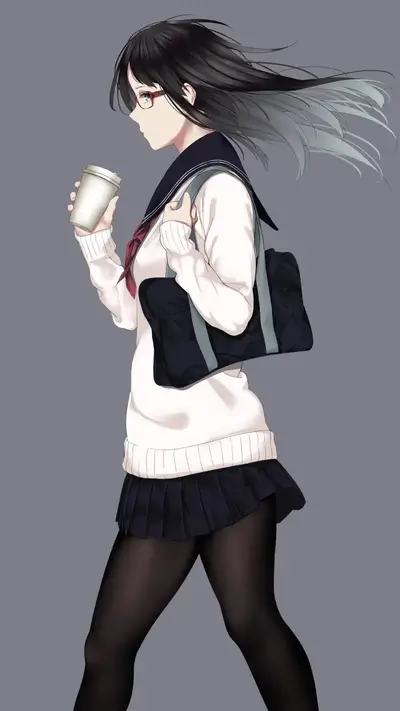 Japanese schoolgirl enjoying a coffee break outdoors