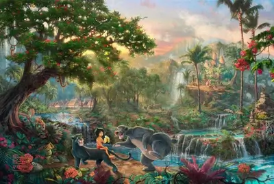 Jungle Book landscape with Mowgli, Bagheera, and Baloo