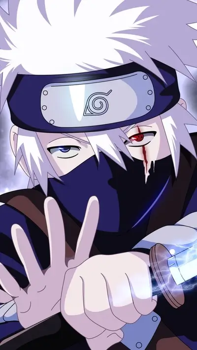 Kakashi wielding Chidori, intense gaze with Sharingan visible, determination shown