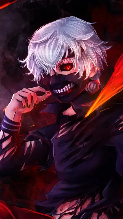 Kaneki Ken with mask, white hair and red eye glow in the dark