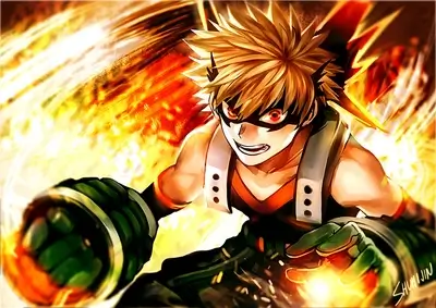 Katsuki Bakugo in hero costume with explosive power