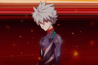 Kaworu Nagisa wearing plugsuit against a fiery red background