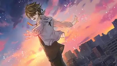 Kazutora Hanemiya reaching out against a vibrant sunset cityscape