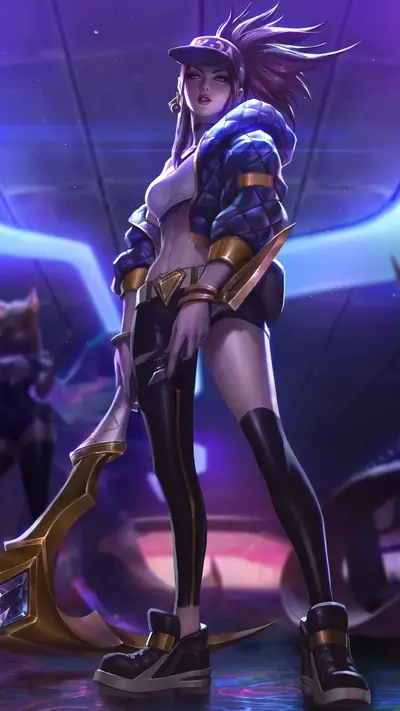 K/DA Akali strikes dynamic pose, ready action neon lit scene, bold confident vibe