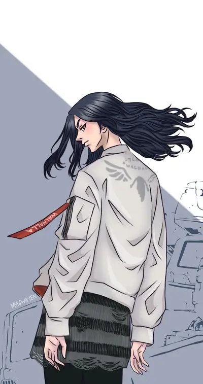 Keisuke Baji with long flowing hair wearing white Valhalla jacket