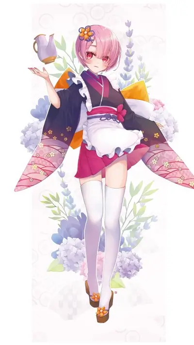 Kimono-clad anime girl with pink hair, holding a teapot