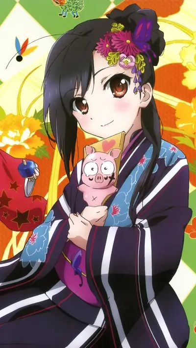 Kimono girl holding a pink pig plush toy