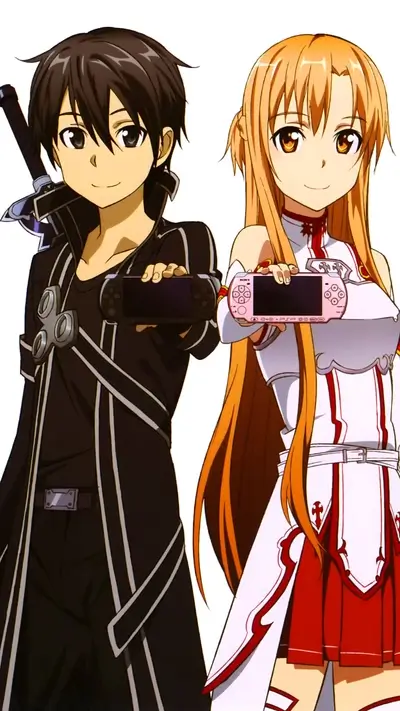 Kirito and Asuna holding PSPs