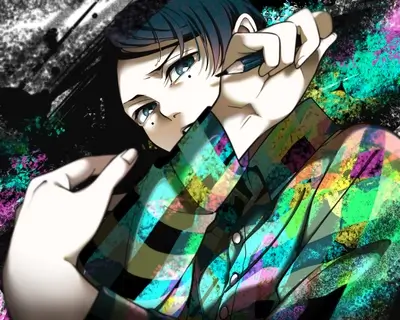 Kishibe Rohan holding a pencil against a colorful abstract background
