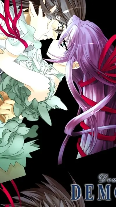 Kissing couple with flowing hair and ribbons