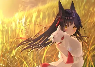 kitsune girl holding a white fox in a field
