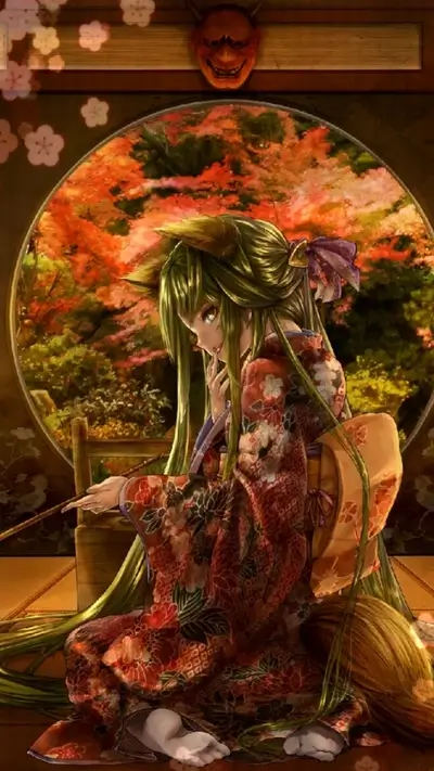 Kitsune girl in kimono, autumn scenery