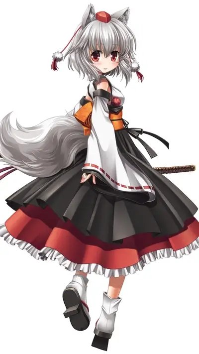 Kitsune girl with red eyes and silver hair stands, wearing traditional dress and sword